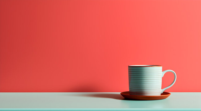 Minimalist striped cup on a vibrant colourful backdrop with a space for text.