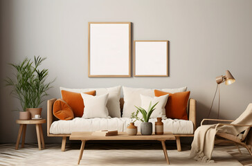 Cozy living room interior with a picture frame mockup : empty picture frames in a modern living room with white sofa