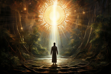 Fototapeta premium Journey of a man during his spiritual ascension, symbolizing the profound awakening and higher consciousness within. Ai generated