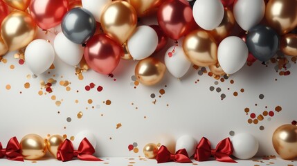 Black, red and gold balloons, gift box and confetti on white background
