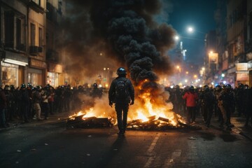 Burning wrecked cars, fires and smoke, city residents and police controlling the situation on the night street. - obrazy, fototapety, plakaty