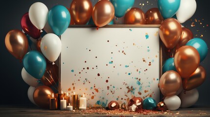 Blank frame with balloons, confetti and candles on the floor