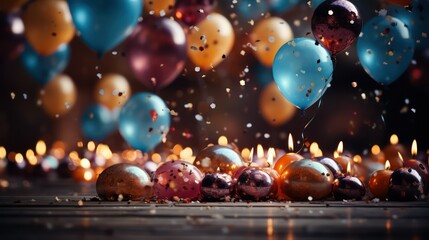 Burning candle with christmas balls and confetti on wooden background