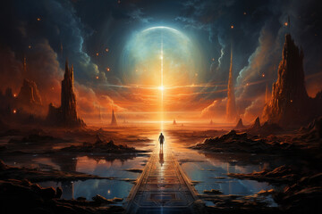 Fototapeta premium Journey of a man during his spiritual ascension, symbolizing the profound awakening and higher consciousness within. Ai generated