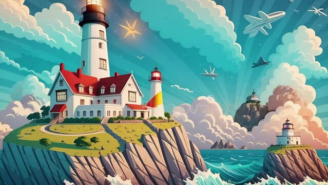 Lighthouse on the island in anime style. High lighthouse, mountains, sea and cloudy blue sky. Bright animation with illustrations transformations and metamorphose. AI generated video
