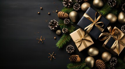Golden and black christmas gift boxes with golden ribbons on ground