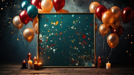 Green board with colorful balloons, candles and confetti on dark background