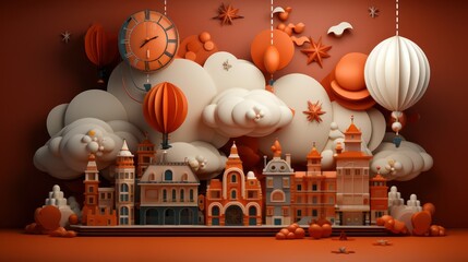 Halloween background with castle, pumpkins and clock