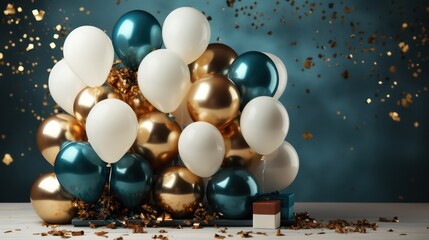 Holiday background with golden, white and blue balloons
