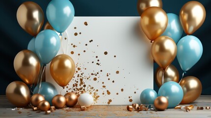 Light blue and gold balloons with bow, white box and confetti