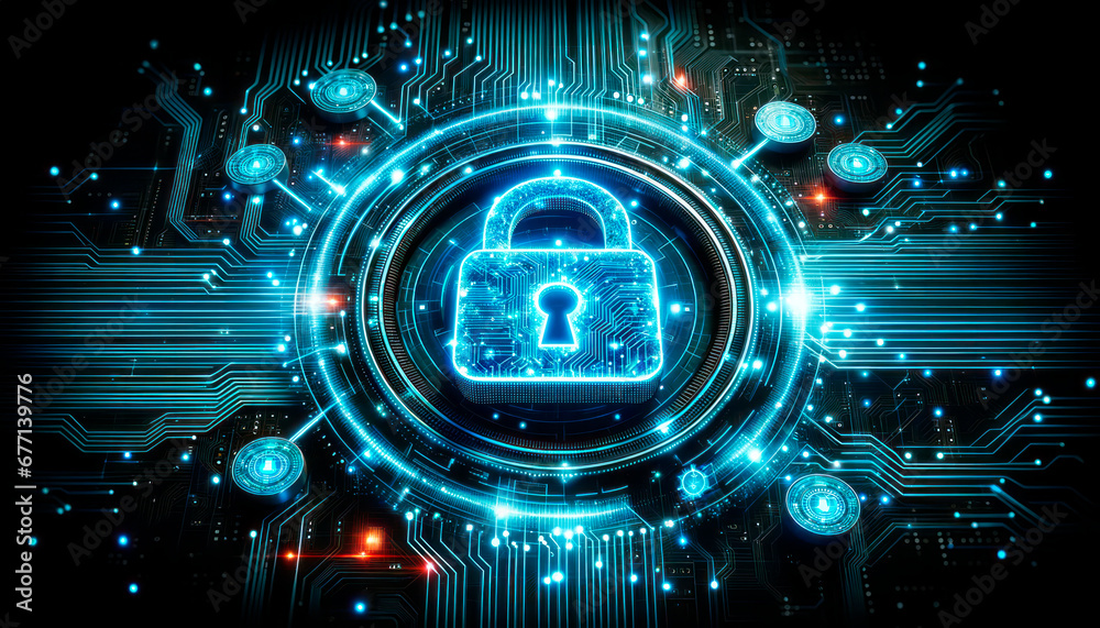 Aufkleber Cyber security concept with padlock on circuit board. Generative AI