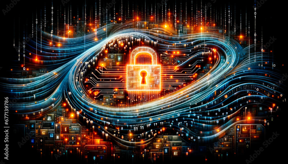 Poster Cyber security concept. Lock on circuit board. Generative AI