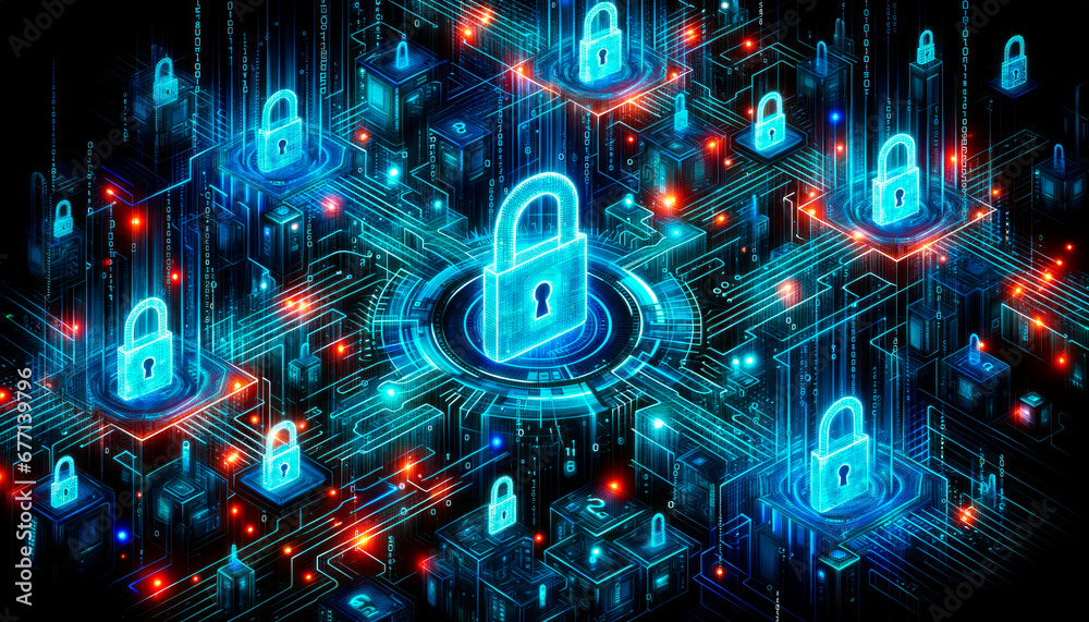 Poster Cyber security concept with circuit board and padlock. Generative AI