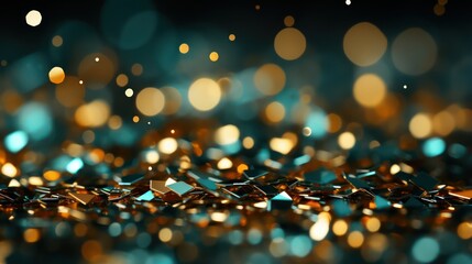 Shiny gold and blue coins on a dark background with bokeh effect