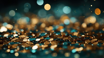 Shiny gold coins on a dark background with bokeh effect