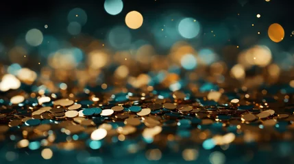 Foto op Plexiglas Shiny gold coins on a dark background with bokeh effect © Ali