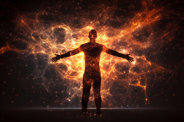 Man surrounded by a dynamic and vibrant energy field, visually portraying the power and vitality emanating from within. Ai generated