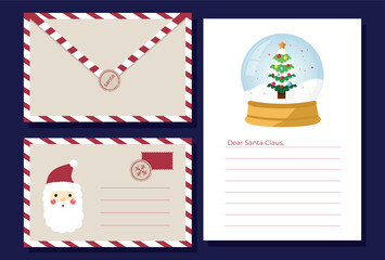 Christmas envelope with stamps, seals, Santa Claus. Letter template to Santa Claus