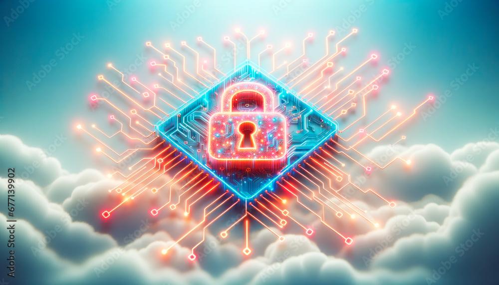 Poster Cyber security concept with circuit board and padlock. Generative AI