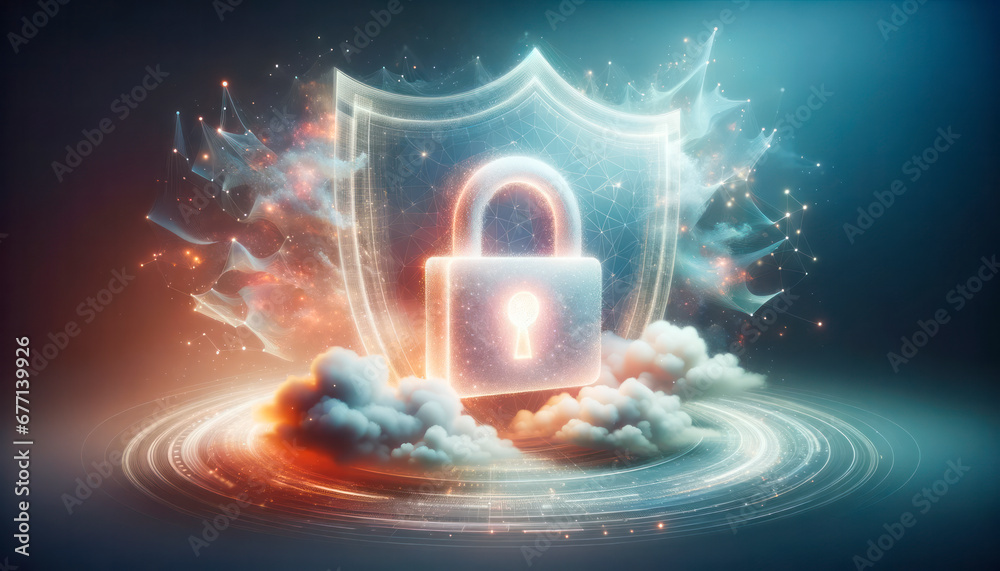 Poster protection concept with shield and padlock on dark background. generative ai