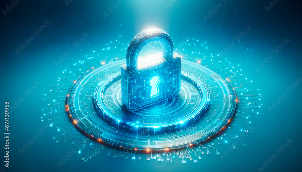 Poster Cyber security concept with glowing padlock on blue background. Generative AI