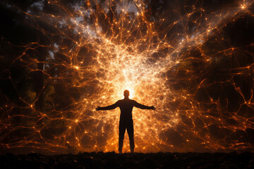 Man surrounded by a dynamic and vibrant energy field, visually portraying the power and vitality emanating from within. Ai generated