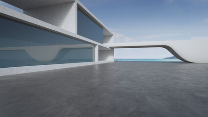 Abstract architecture design of modern building. Empty parking area concrete floor with beach and blue sky sea view. 3D rendering background image for car scene.