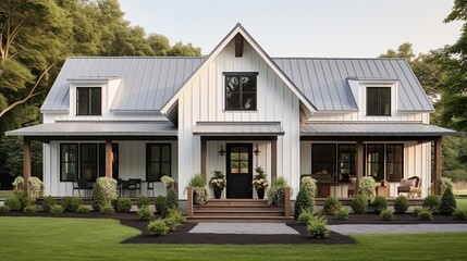 A modern farmhouse with a metal roof, board-and-batten siding, and a welcoming front porch, combining contemporary style with rural charm - obrazy, fototapety, plakaty