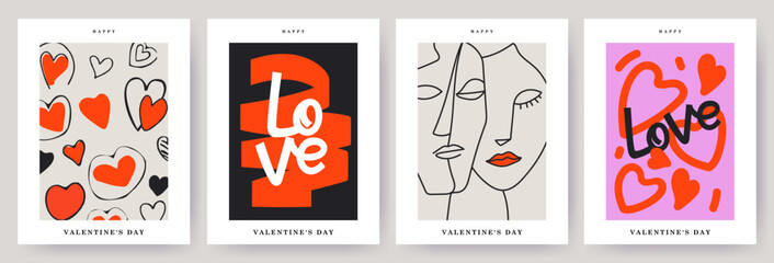 Creative concept of Happy Valentines Day card set. Modern abstract line art design with hearts, portrait of couple in love and typography.Template for ads, branding, banner, cover, label, poster print - obrazy, fototapety, plakaty