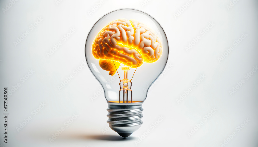 Poster Lightbulb with human brain inside on white background. Generative AI