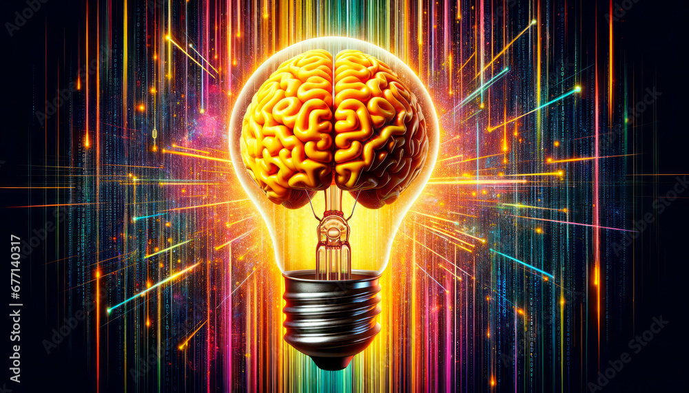 Poster Human brain in lightbulb on abstract colorful background. Generative AI