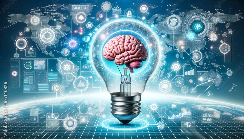 Poster Brain inside light bulb with digital business interface on background. Generative AI