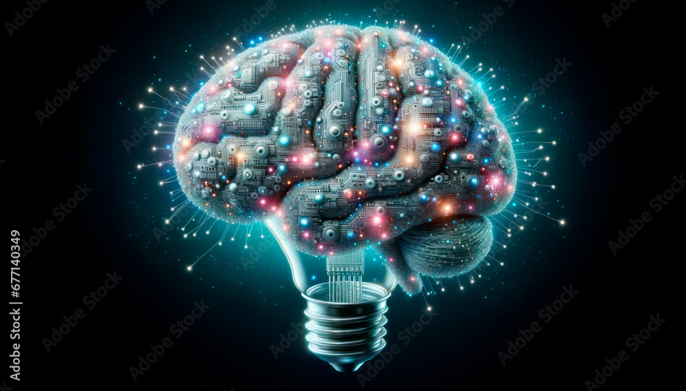 Poster human brain with glowing lightbulb on dark background. generative ai