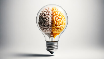 Human brain inside lightbulb on white background. Generative AI