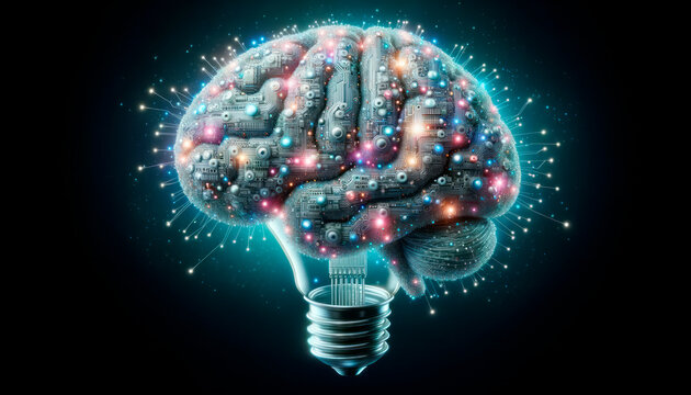 Human brain with glowing lightbulb on dark background. Generative AI