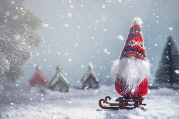 a Christmas gnome on a sled in the snow. New Year's, Christmas background