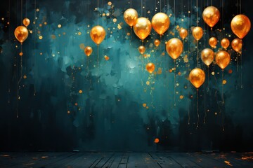 Golden balloons with ribbons and confetti on dark grunge background - obrazy, fototapety, plakaty