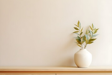 white vase with plant on beige wall