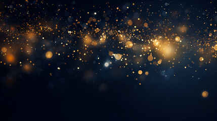 Christmas and New Year winter festive background. Yellow glowing circles of different sizes on dark blue blurred bokeh background with copy space for text. Concept of Christmas and New Year holidays. - obrazy, fototapety, plakaty