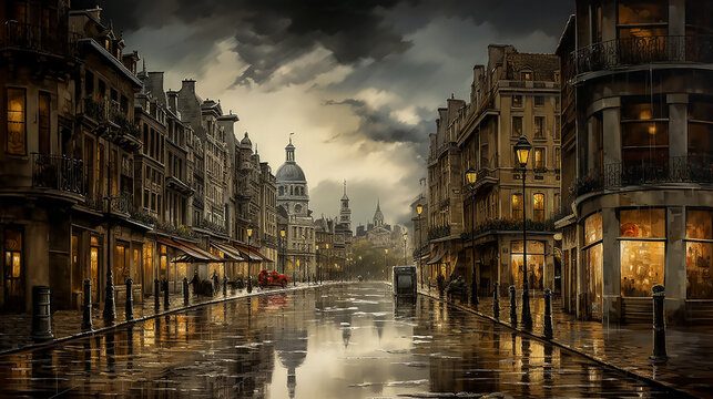 Architecture of European city. Old street after rain. Twilight, overcast sky. Glowing shop windows. Copy space.