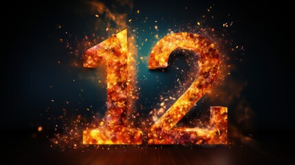 Twelve number in fire, flames and smoke on black background - obrazy, fototapety, plakaty