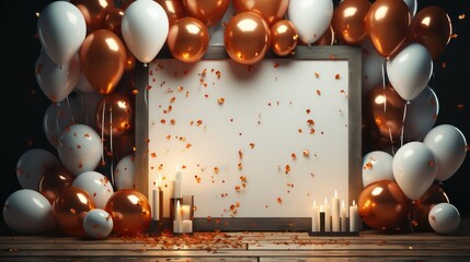 White sheet of paper with confetti and golden, white balloons on black background