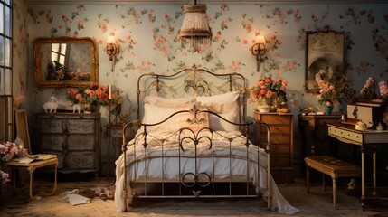 A Parisian-inspired bedroom with vintage floral wallpaper, ornate furniture, and a wrought-iron bed for a touch of romance. --