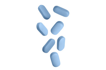 Blue capsules fly in a chaotic manner in the air. Lots of pills. on isolated transparent background