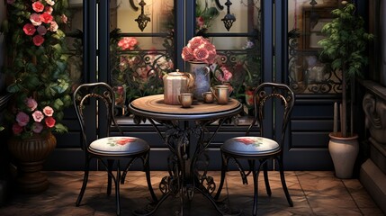 Fototapeta na wymiar A Parisian-inspired bistro corner with a wrought-iron table, bistro chairs, and cascading flowers for a touch of romance. 