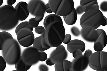 Black pills or capsules. Activated carbon. on isolated transparent background