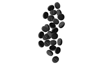 Black pills or capsules. Activated carbon. on isolated transparent background