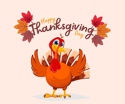 Brown Minimalist Illustration Happy Thanksgiving With Animated Chicken With Autumn Leaves Background 