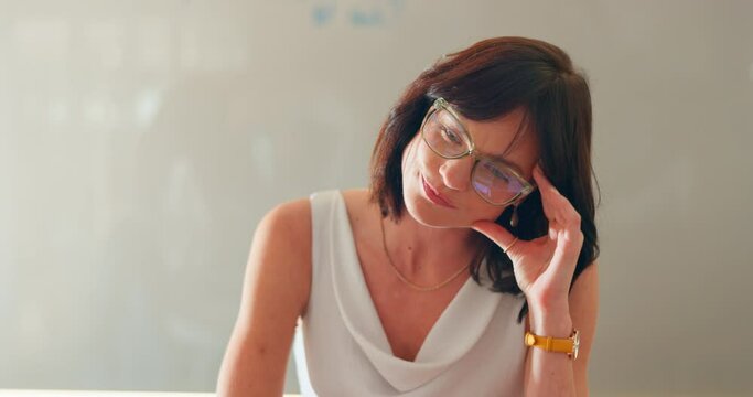 Headache, meeting stress and burnout of a business woman in a conference room with team. Tired, staff paperwork stress and fatigue of working logistics employee feeling anxiety in a office with group