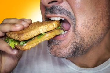 Irresistible craving for junk food. Close-up of a hungry man biting into a cheese toast. - obrazy, fototapety, plakaty